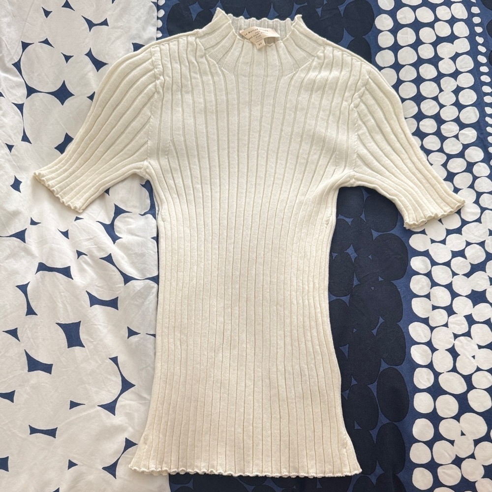 Sézane Ribbed Mock Neck Short Sleeve Top Cream